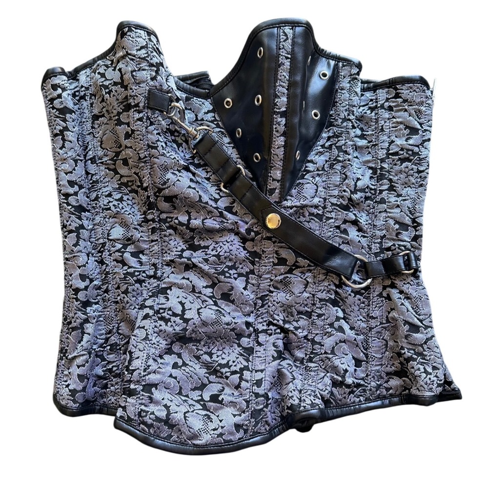 Eurotique Silver Black Floral Brocade Corset Top Faux Leather Trim Gothic XL